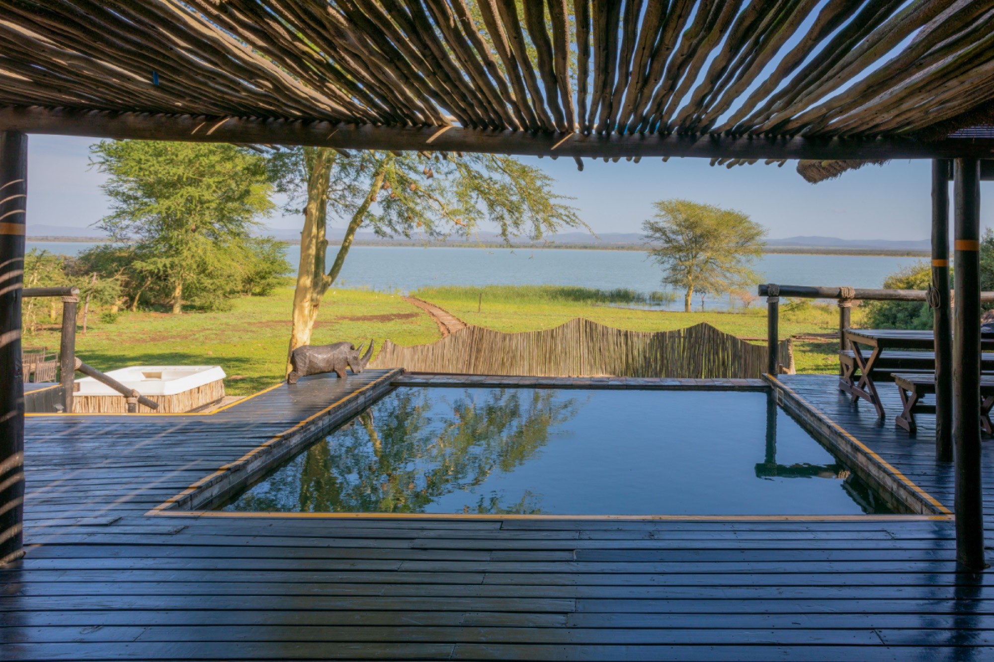 Covered deck and infinity pool facing Lake Jozini